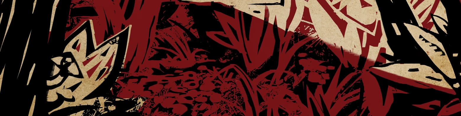 Bloody Foliage Closeup – Obscurium Obscurium: Red and black abstract foliage with beige jagged shapes on edges.
