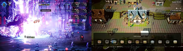 OCTOPATH TRAVELER 0: Left shows a battle with lightning attack; right shows a village scene.