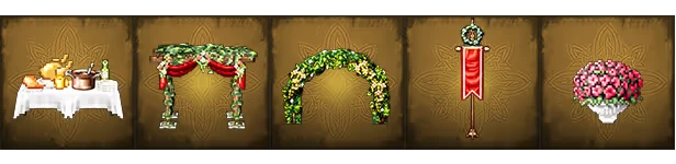 OCTOPATH TRAVELER 0: Five decorative icons; table with food, arches, banner, and flowers.