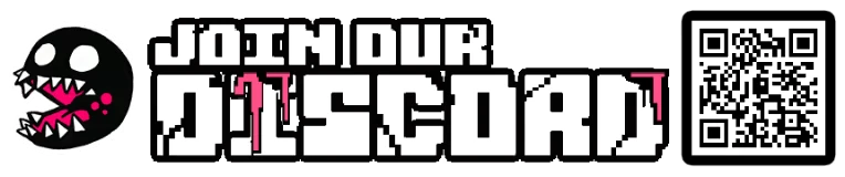 ODDCORE: Pixelated text "JOIN OUR DISCORD" with a monster face and a QR code on a black background.