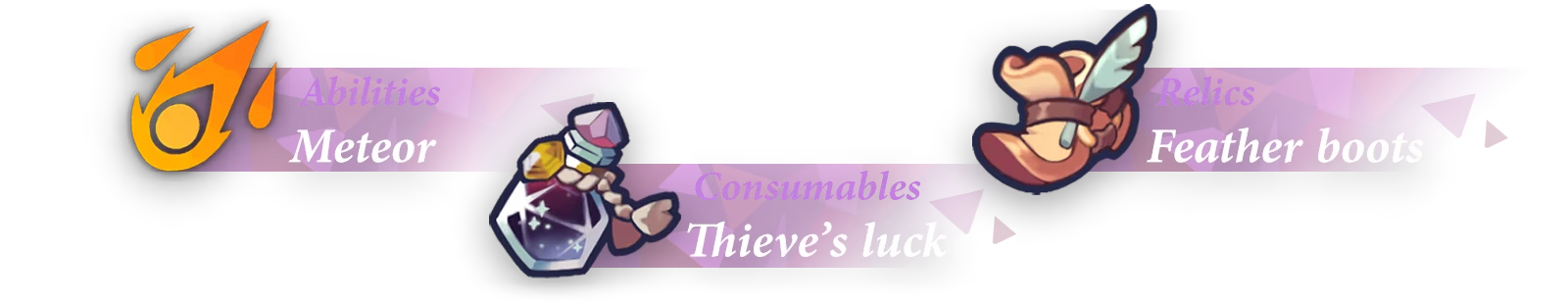 Odds Chronicles: Purple banners list "Meteor," "Thieve's luck," and "Feather boots" with icons.