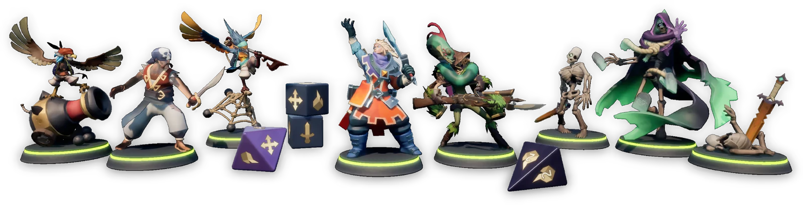 Odds Chronicles: Seven diverse figurines on bases, dice with symbols, and a dark background.