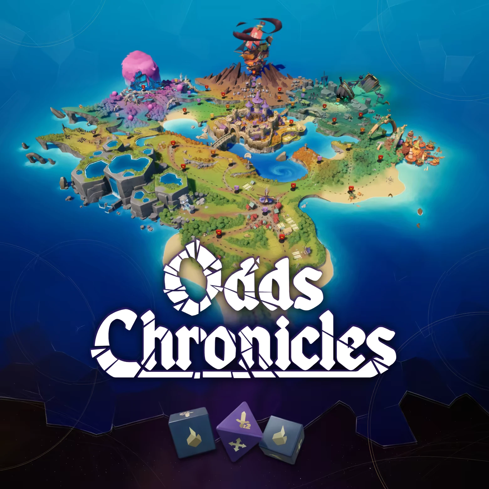 Odds Chronicles: Colorful island map with diverse terrains, logo in bold font, three dice below.