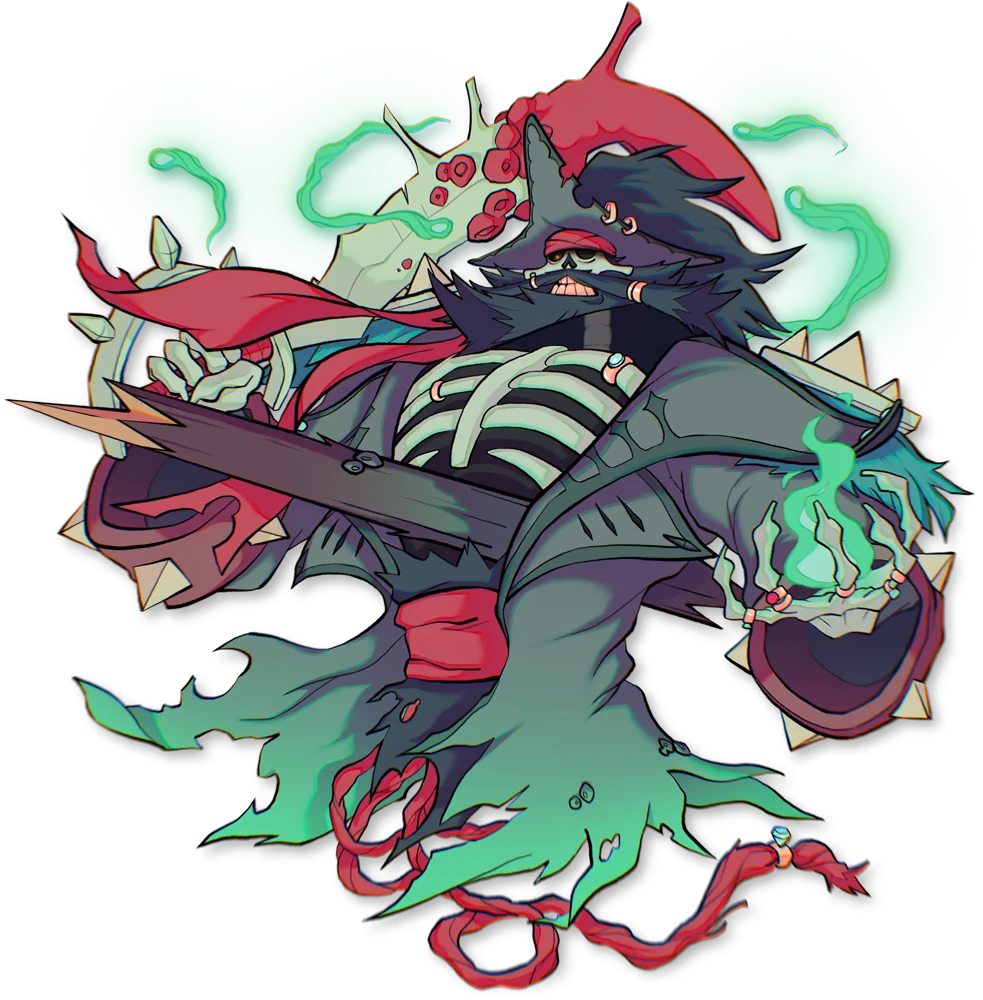 Odds Chronicles: A bearded warrior with a horned hat, glowing green hands, and a skeletal chest.