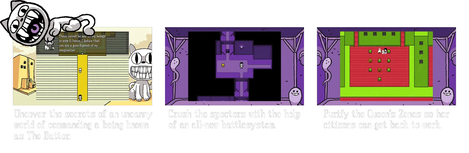 OFF: Three panels show a grinning cat, purple maze, and red-green grid with text overlays.