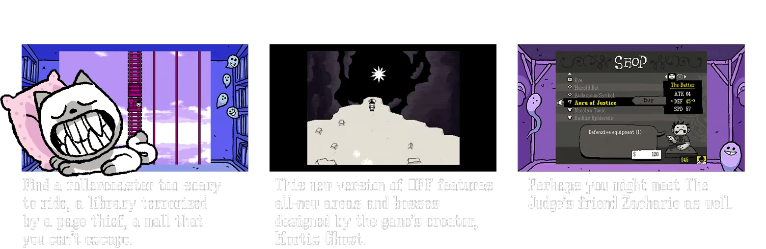 OFF: Three panels show a grinning cat, a lone figure under a star, and a shop menu screen.