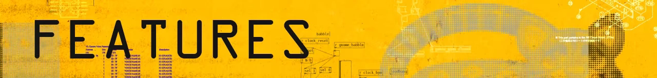 OFFBEAT: Yellow banner with large black word “FEATURES” over faint circuit diagrams.
