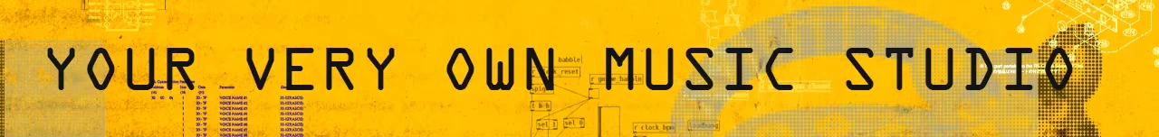 OFFBEAT: Yellow banner with black text “YOUR VERY OWN MUSIC STUDIO” and faint diagrams.