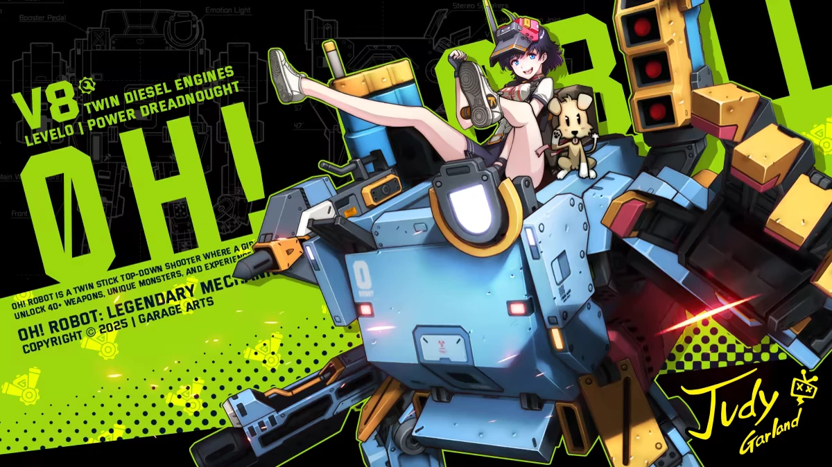 Oh! Robot: Girl and dog on blue mech; neon green “V8” and “OHI” text backdrop.