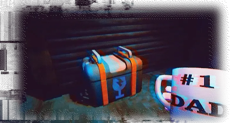 OK๐ Boomer: Blue duffel bag with orange straps beside a mug reading โ#1 DADโ.