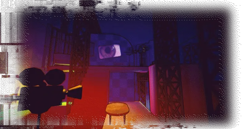 OK๐ Boomer: Dark room with film camera silhouette, stool, and giant eye on a screen.