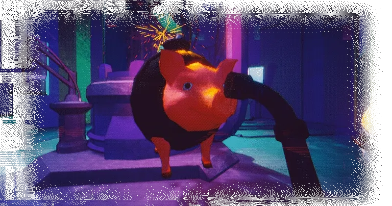 OK๐ Boomer: Glowing orange pig-like creature with black hose arm in neon-lit room with sparks.