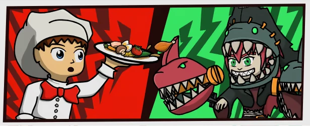 Chef Vs Monster – Ominous Stew Ominous Stew: Chef with a dish faces off against a grinning character with a shark helmet.