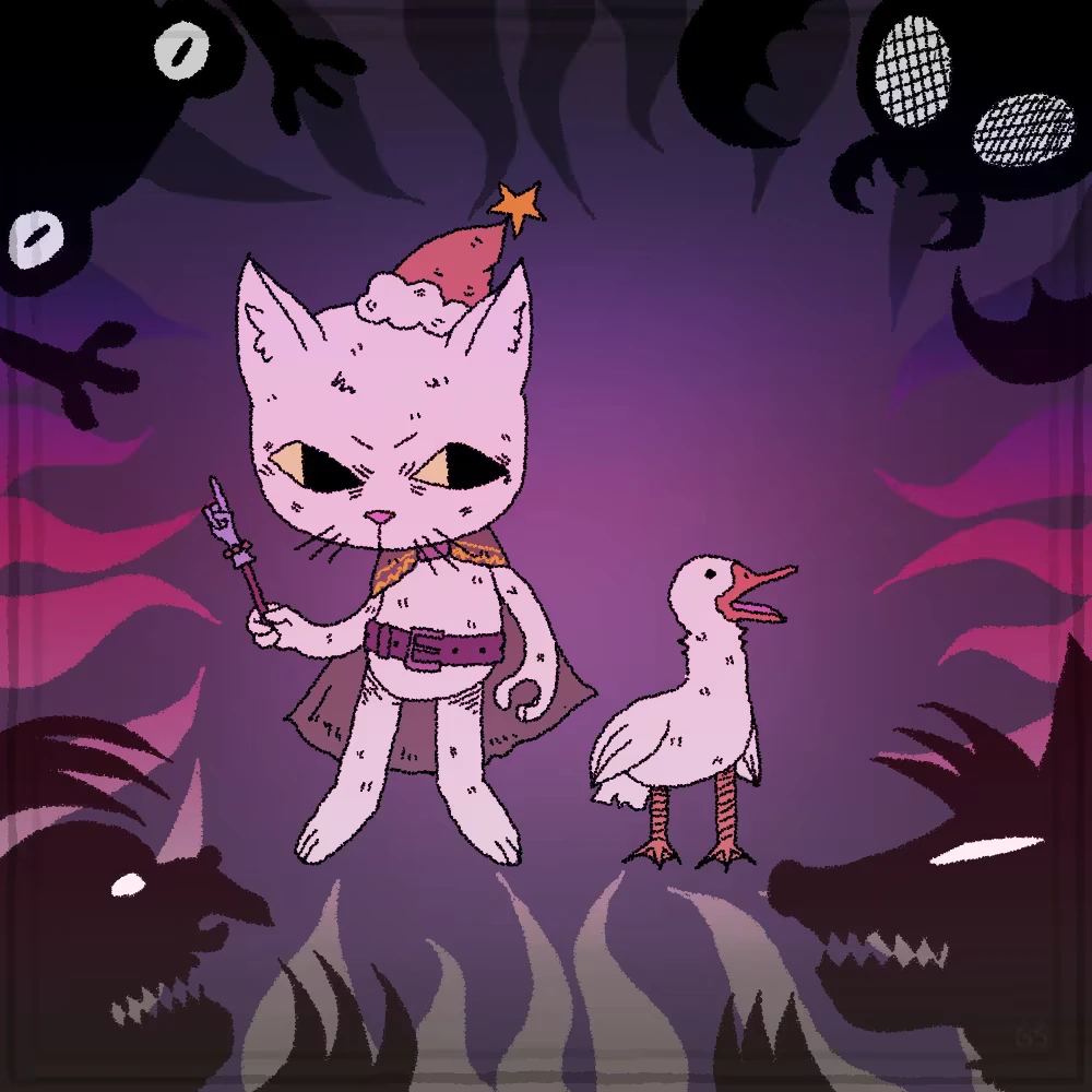 Cat and Duck – Once There Were Cats Once There Were Cats: Cat wizard with wand and duck in purple forest with shadowy eyes.