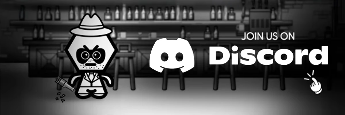 One Card One Shot: Cartoon detective in bar, holding a bottle. "Join us on Discord" text.
