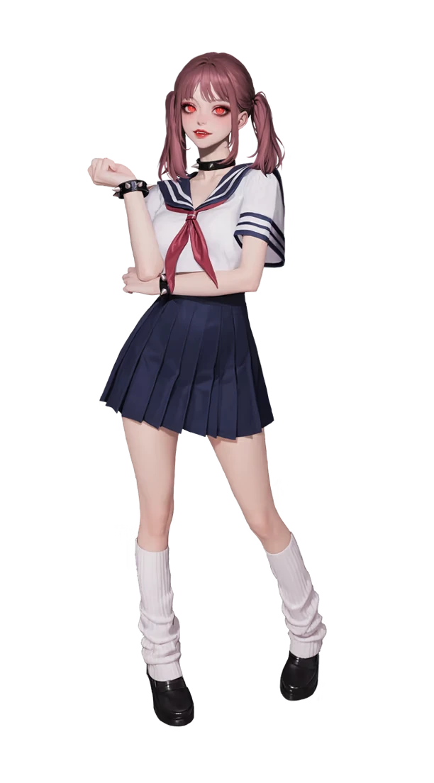 One More Bang: A character with red eyes, pink hair, in a sailor outfit, and black choker.