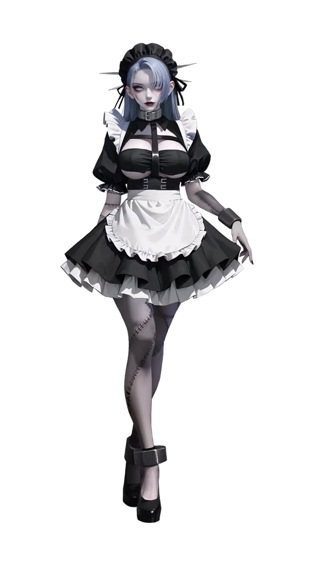 One More Bang: Gothic maid with blue hair, stitched skin, black and white dress, and high heels.