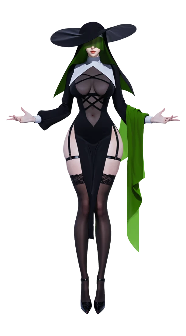One More Bang: Character in black outfit with green accents, wide-brim hat, and sheer stockings.