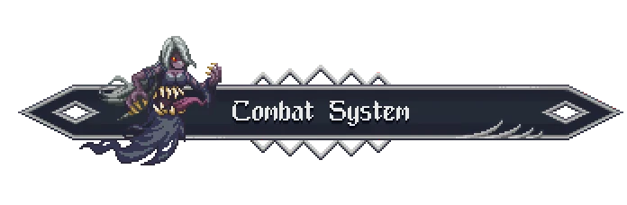 Oneirium: Pixel banner reading “Combat System” with hooded monster and jagged teeth icon.