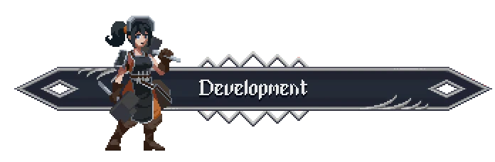 Oneirium: Pixel warrior beside banner with white gothic text “Development”.