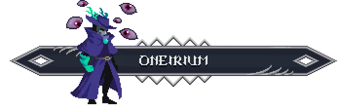 Oneirium: Pixel wizard with floating eyes beside banner reading ONEIRIUM in white text.