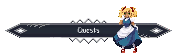 Oneirium: Pixel UI banner labeled “Quests” with blonde maid character on right.