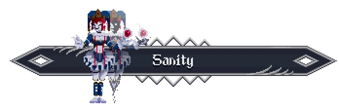 Oneirium: Pixel art twins in crowns beside a banner reading “Sanity” in white text.