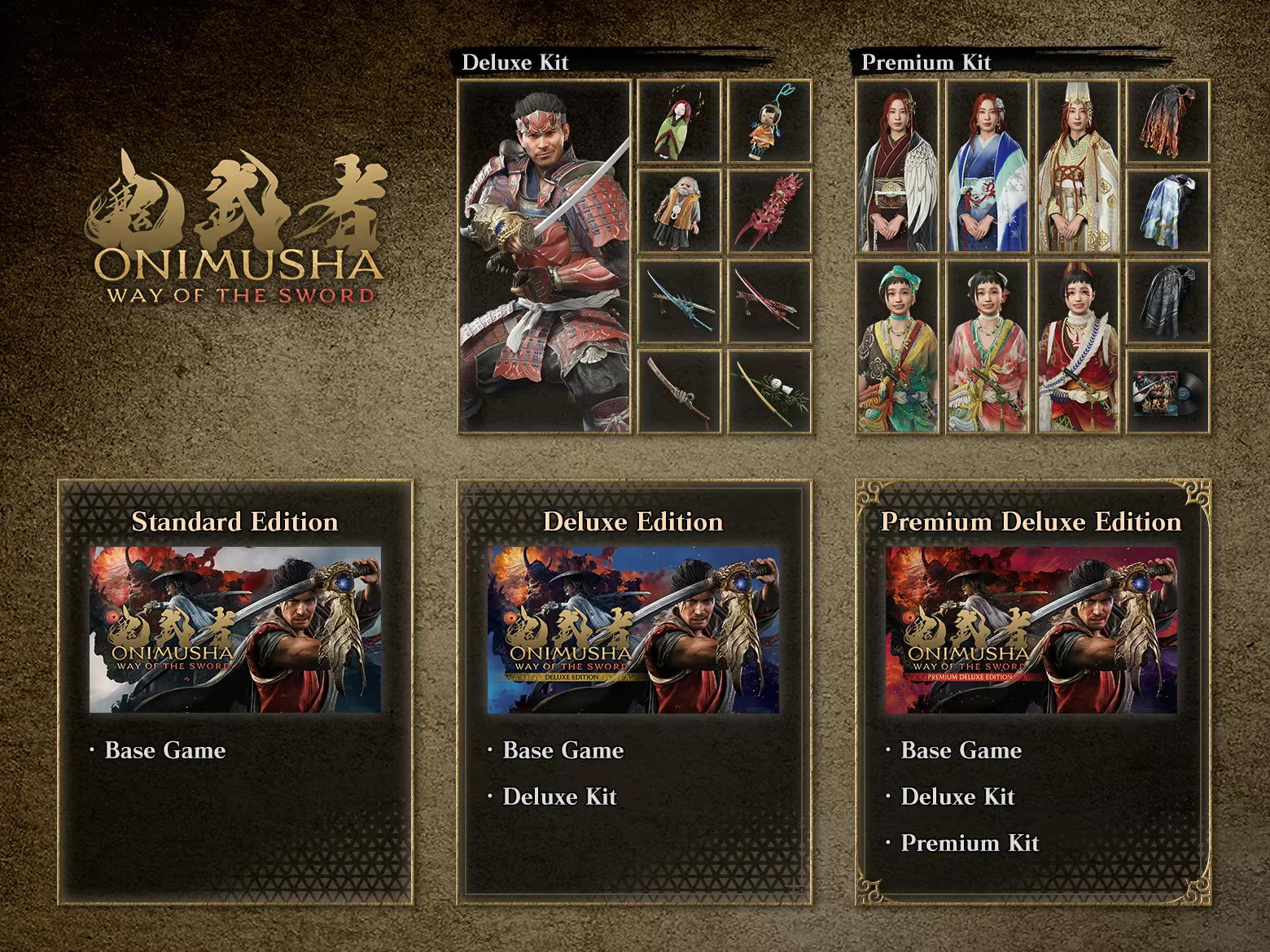 Onimusha: Edition chart showing Deluxe Kit, Premium Kit, and Standard/Deluxe/Premium Deluxe boxes.