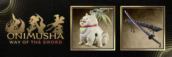 Onimusha: Logo text beside framed white cat statue and sheathed sword on tan panels.