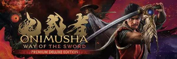 Onimusha: Samurai with sword and gauntlet beside gold ONIMUSHA title text.