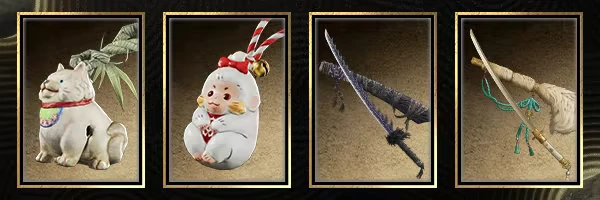 Onimusha: Four framed item icons: white cat, doll, curved blade, and spear tip.