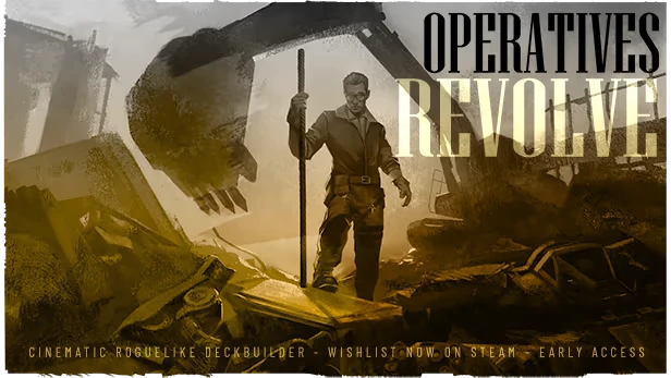 Cover Art Ruins – OPERATIVES: Revolve OPERATIVES: Man with staff in rubble; large OPERATIVES REVOLVE title text overlay.