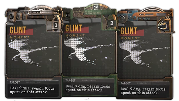 Glint Card Trio – OPERATIVES: Revolve OPERATIVES: Three GLINT MOMENT cards, each reads “Deal 9 dmg, regain focus spent”.