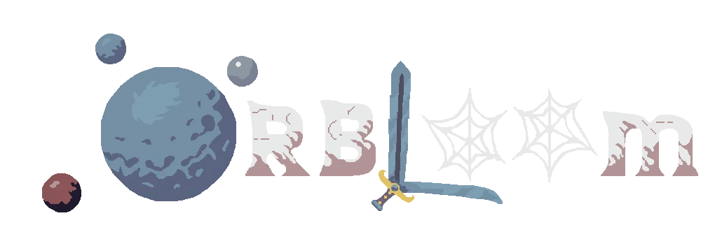 Orbloom: Stylized title with planets, sword, and web-like letters on a white background.