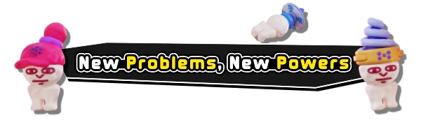 New Powers – Orbo's Exodus Orbo's Exodus: Clay figures with hats flank text "New Problems, New Powers" in bold style.