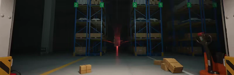 Warehouse Aisle – ORDER 13 ORDER 13: Dark warehouse with stacked boxes, pallet jack, and red light in the distance.