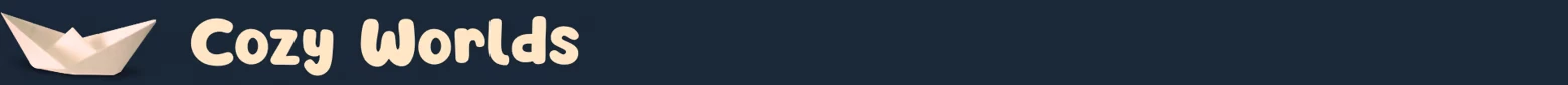 Origament: Beige paper boat icon next to "Cozy Worlds" text in playful font on dark background.