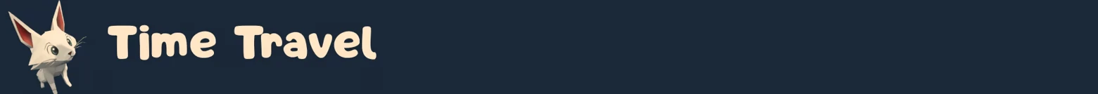 Origament: A white creature with large ears beside "Time Travel" in bold, cream text on dark blue.