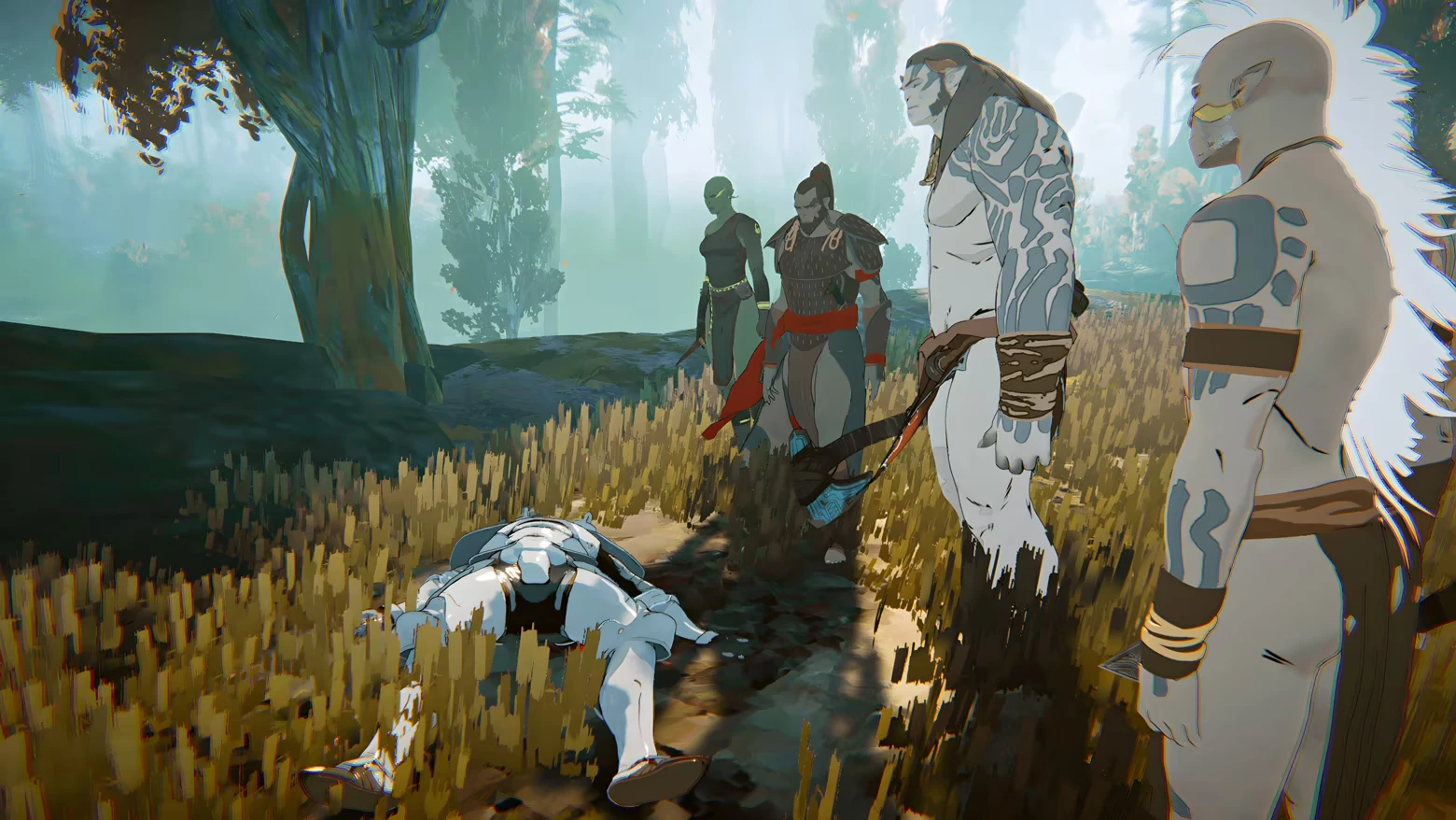 Fallen Warrior Scene – Orken Orken: Four warriors stand over a fallen armored body in tall grass, misty woods.