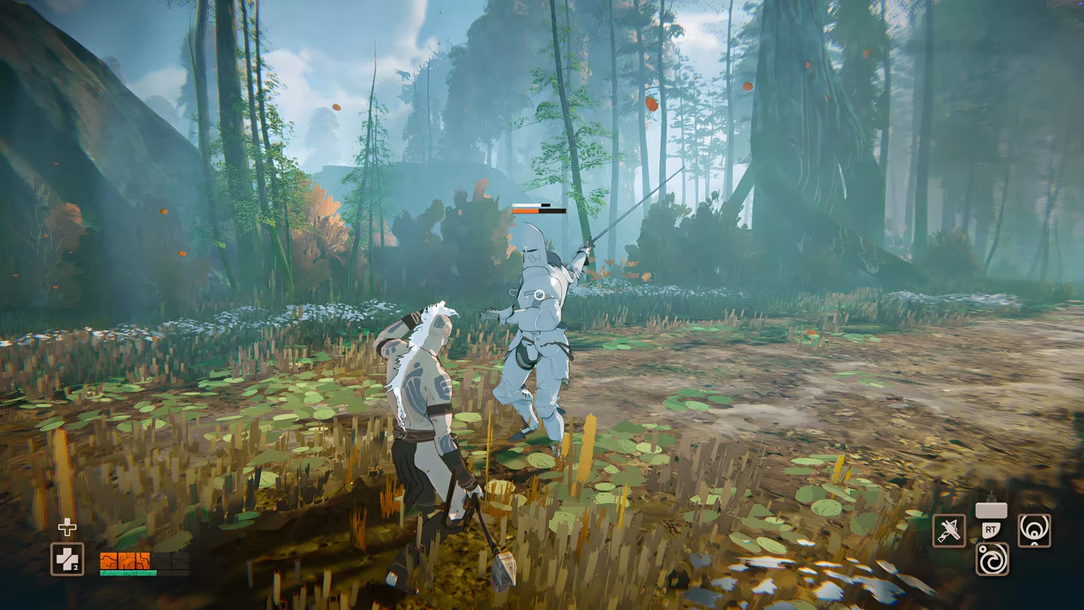 Forest Swordfight – Orken Orken: White-haired warrior faces armored foe with sword in misty forest, UI icons.