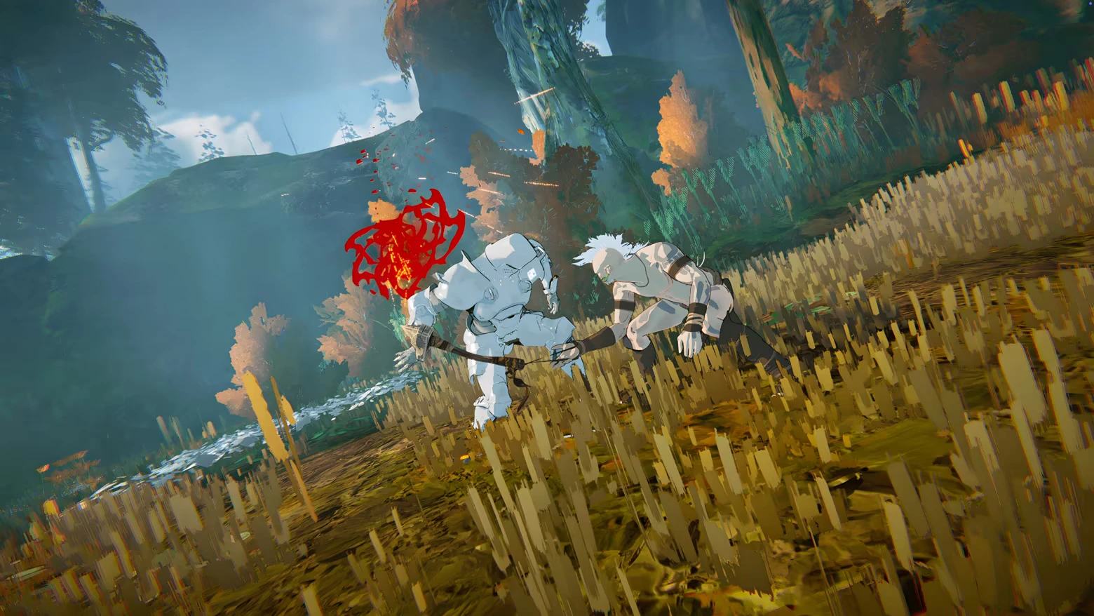 Golem Ambush – Orken Orken: White-haired fighter attacks armored foe in tall grass, red blood burst behind.