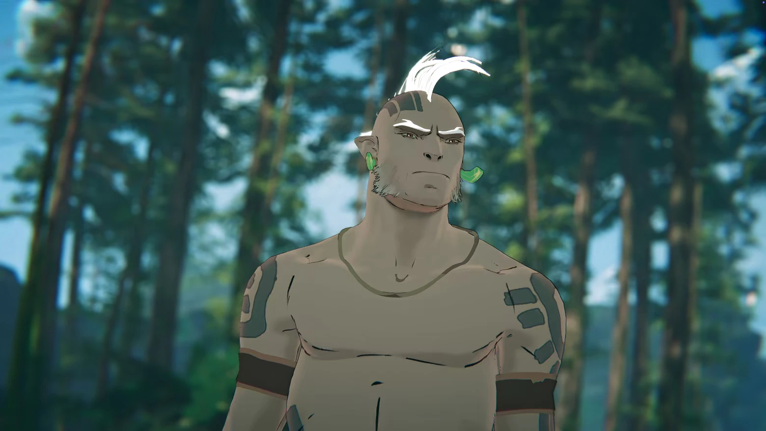 Warrior Portrait – Orken Orken: Shirtless warrior with white mohawk, green earrings, tattoos, forest backdrop.