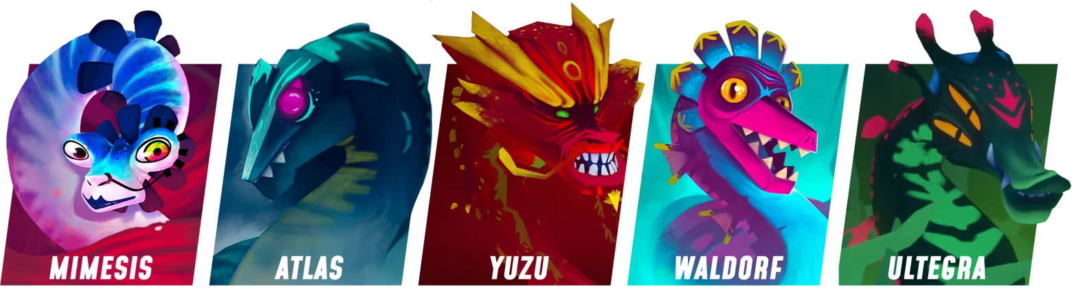 OROBOROS: Five colorful creature portraits with names: Mimesis, Atlas, Yuzu, Waldorf, Ultegra.