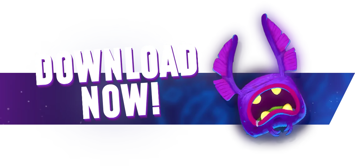 OROBOROS: Purple creature with open mouth beside bold "DOWNLOAD NOW!" text on a dark background.
