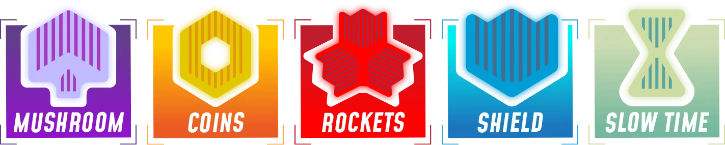 OROBOROS: Five icons labeled Mushroom, Coins, Rockets, Shield, Slow Time in vibrant colors.