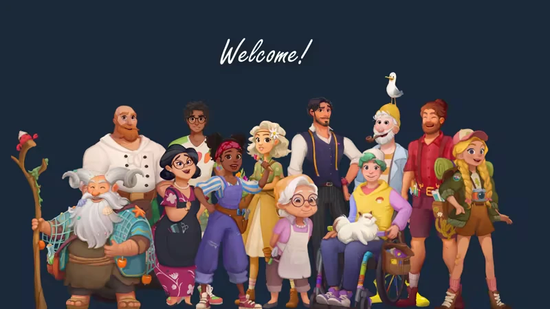 Out and About: Diverse characters smiling under "Welcome!" text on a dark blue background.