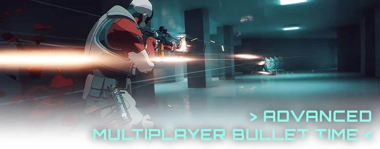 Bullet Time Battle – Out of Action Out of Action: Soldier firing rifle in dark corridor, bullets flying, text "ADVANCED MULTIPLAYER BULLET TIME".