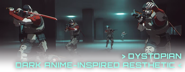 Dystopian Firefight – Out of Action Out of Action: Armed soldiers in cyberpunk gear in a dark room, text reads "Dystopian Dark Anime-Inspired Aesthetic".