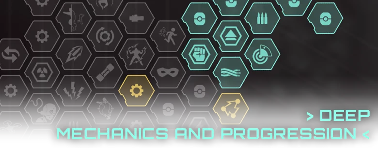 Hexagonal Upgrades – Out of Action Out of Action: Hexagonal icons with symbols, text "DEEP MECHANICS AND PROGRESSION" in cyan.