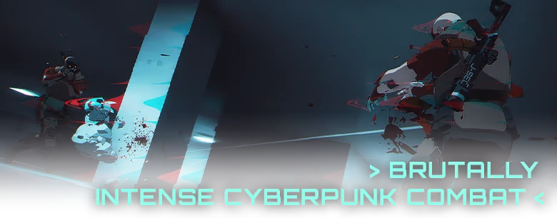 Intense Combat Scene – Out of Action Out of Action: Two armored figures in combat, neon text reads "> BRUTALLY INTENSE CYBERPUNK COMBAT <".